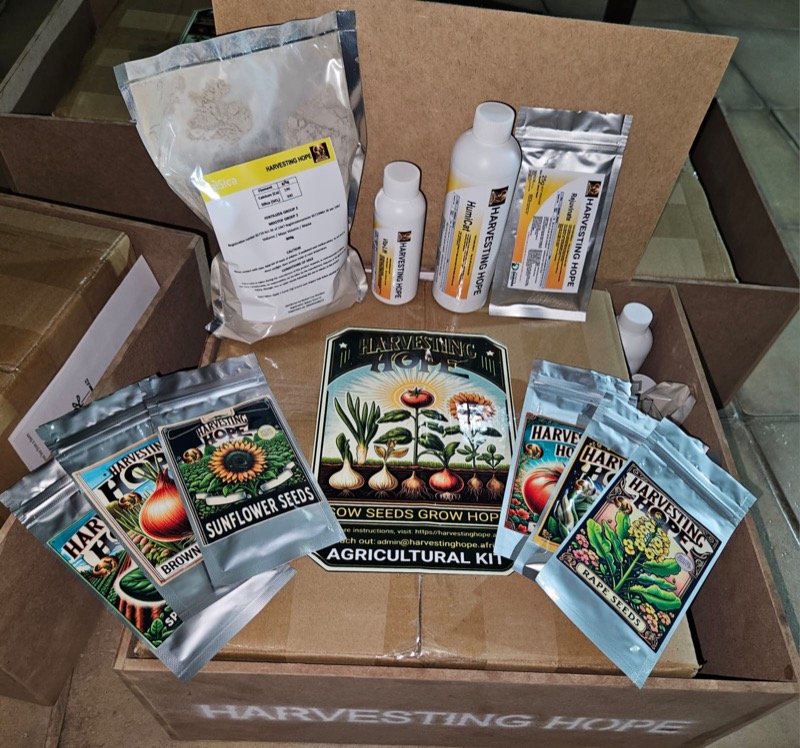 Complete Harvesting Hope agricultural kit — seeds, bio-fertiliser, and planting guide